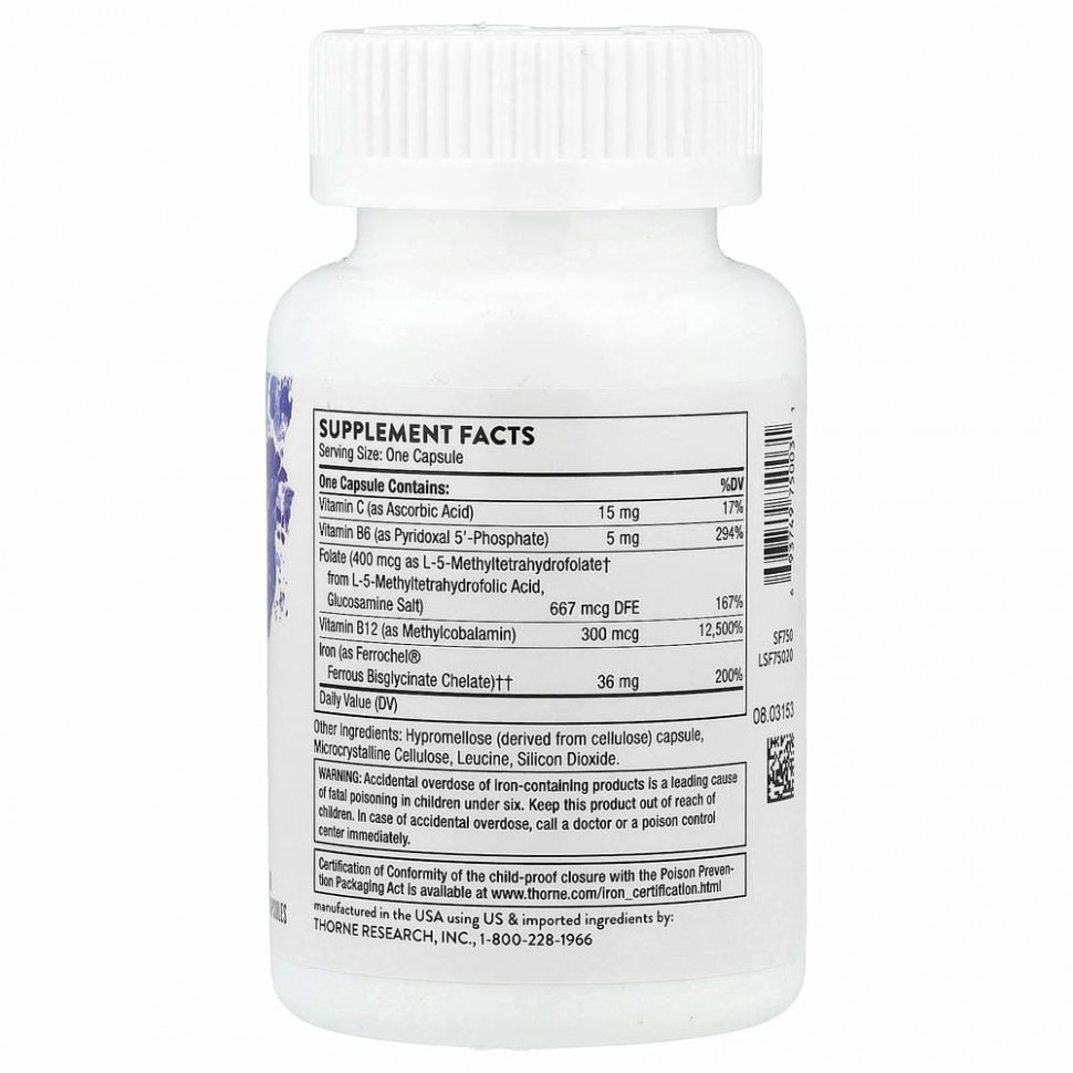 Thorne Research, Ferrasorb, железо с кофакторами, 60 капсул