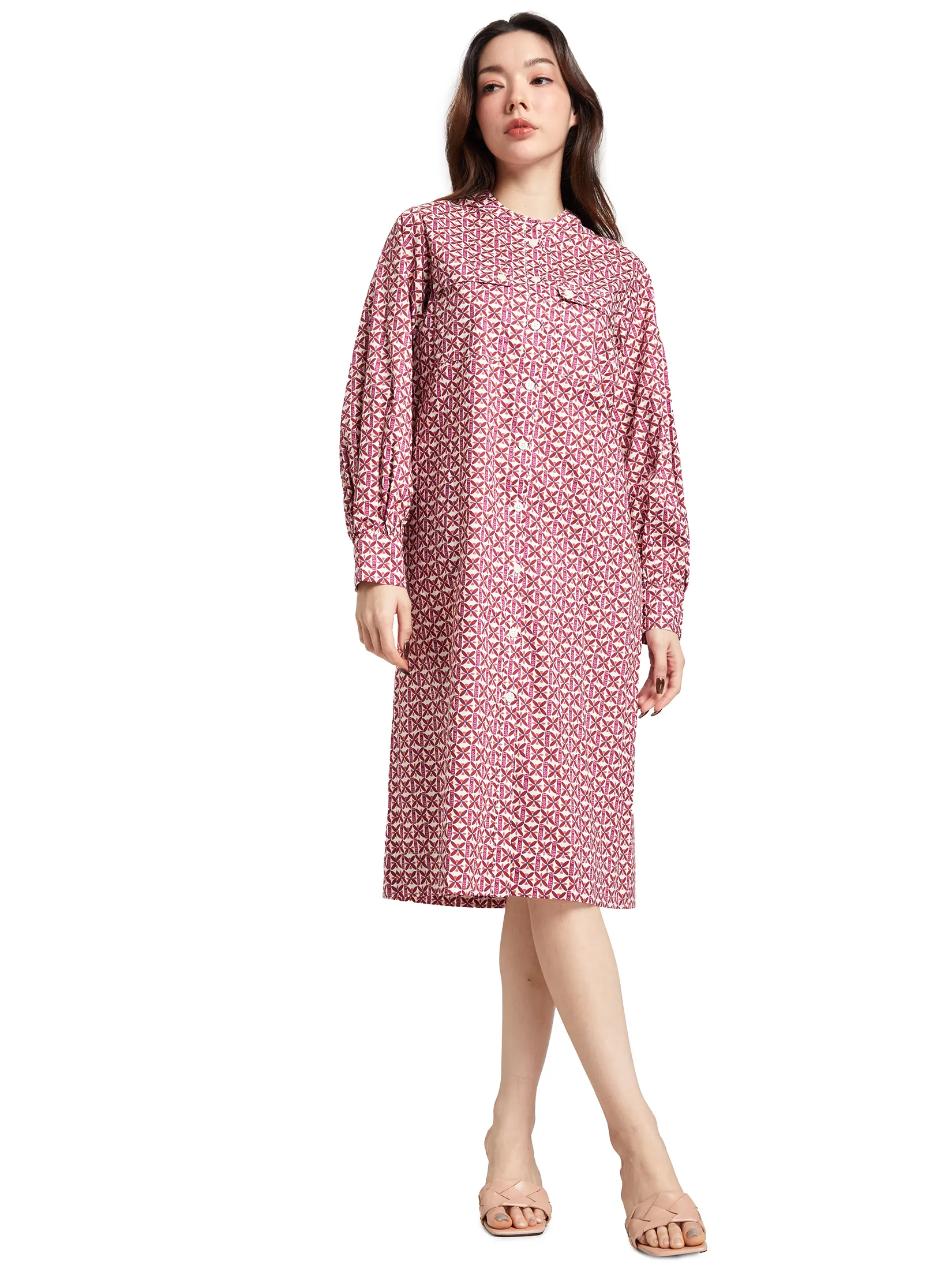 ALUMNUS Women Dress Long Sleeves Collar Two Pockets on Chest Print Burgundy