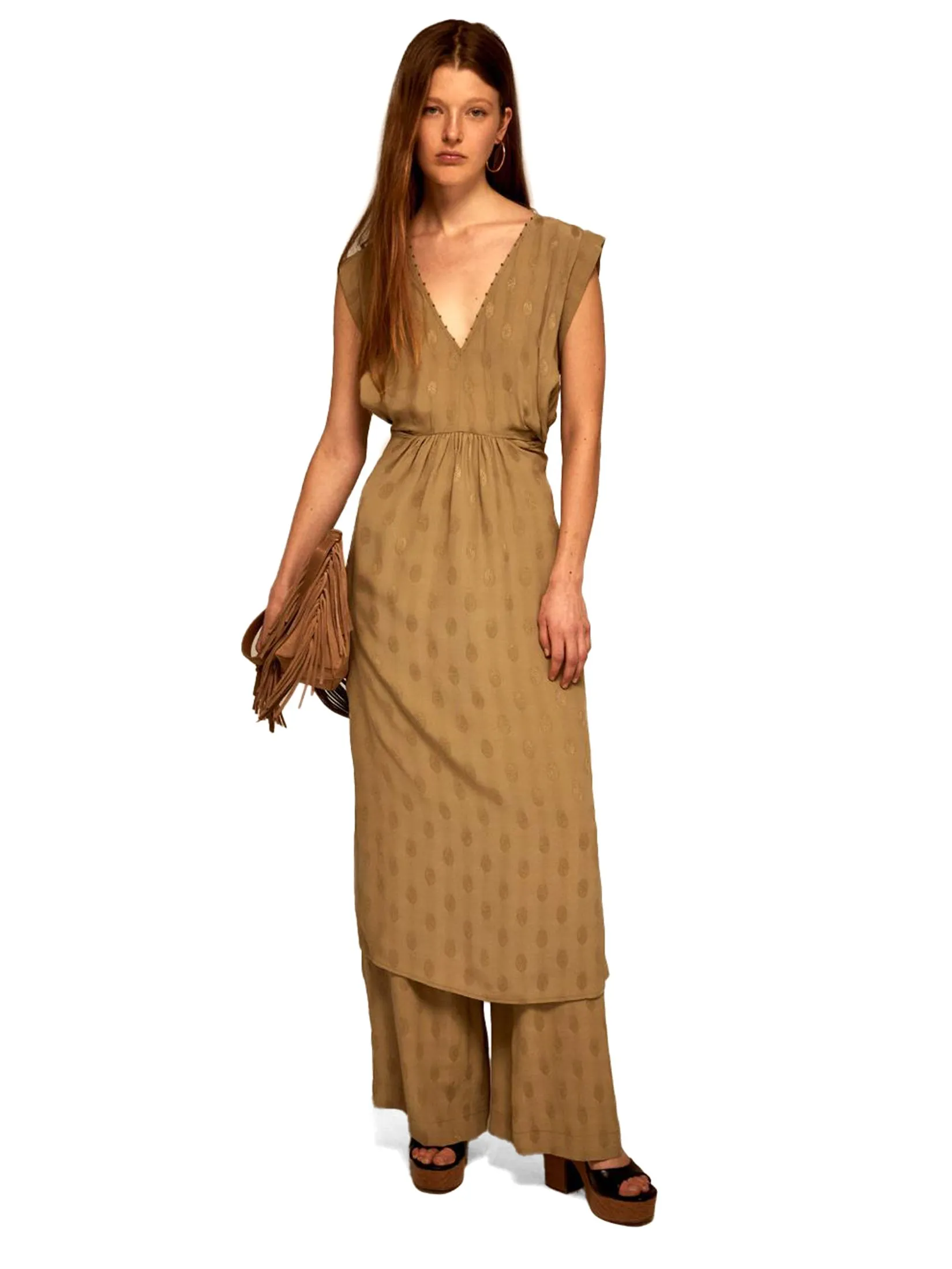 SFERA Women Dress Flowing Jacquard Khaki Green
