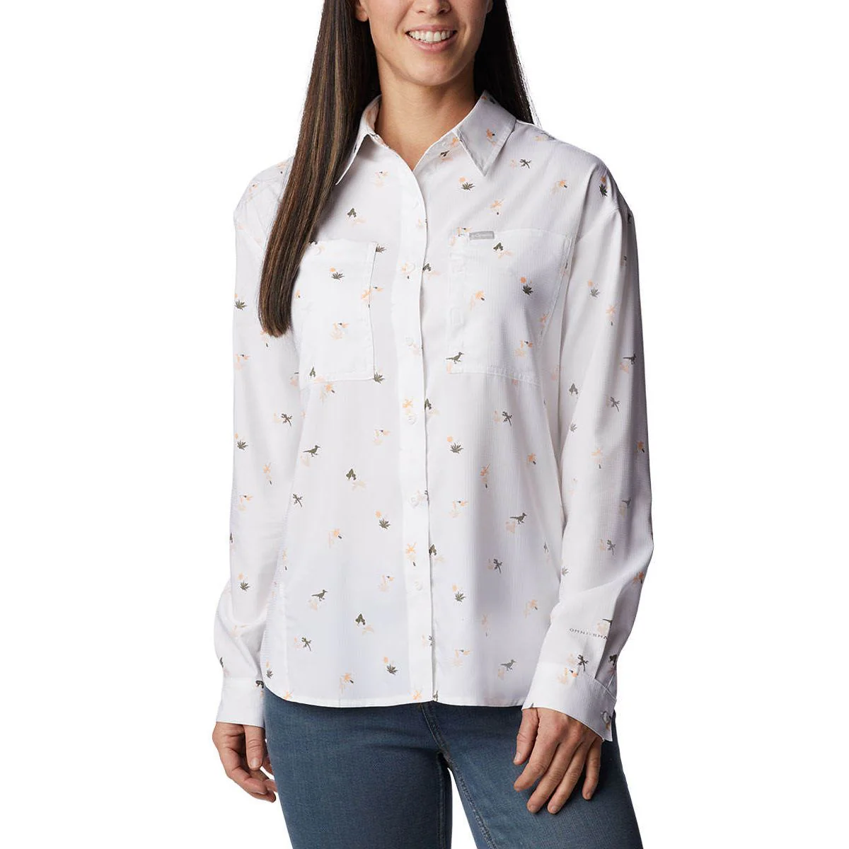 COLUMBIA Silver Ridge Utility Patterned Long Sleeve Women's Hiking Shirt - White - L (US SIZE)