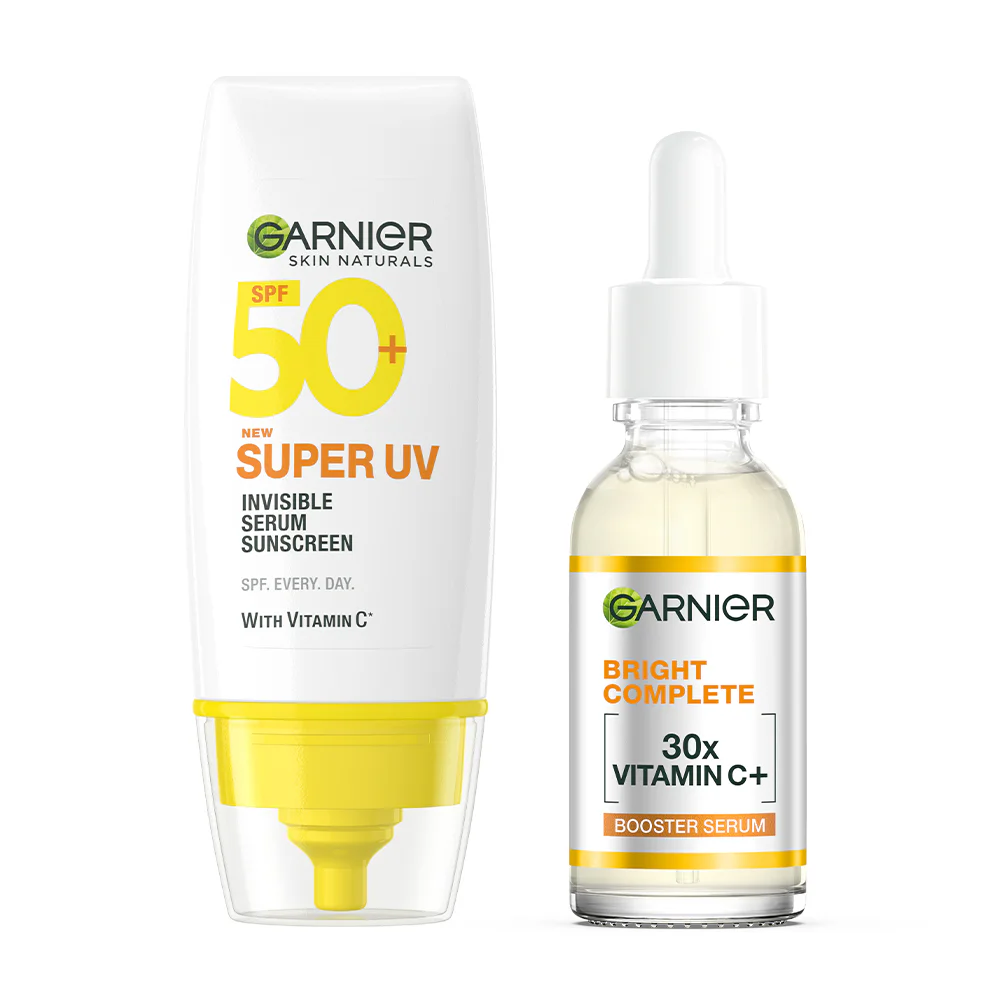 Солнцезащитное средство Garnier Set 2 Items Skin Naturals Super UV-Invisible Serum 30 мл + придающий сияние Complete Booster Serum 30 мл