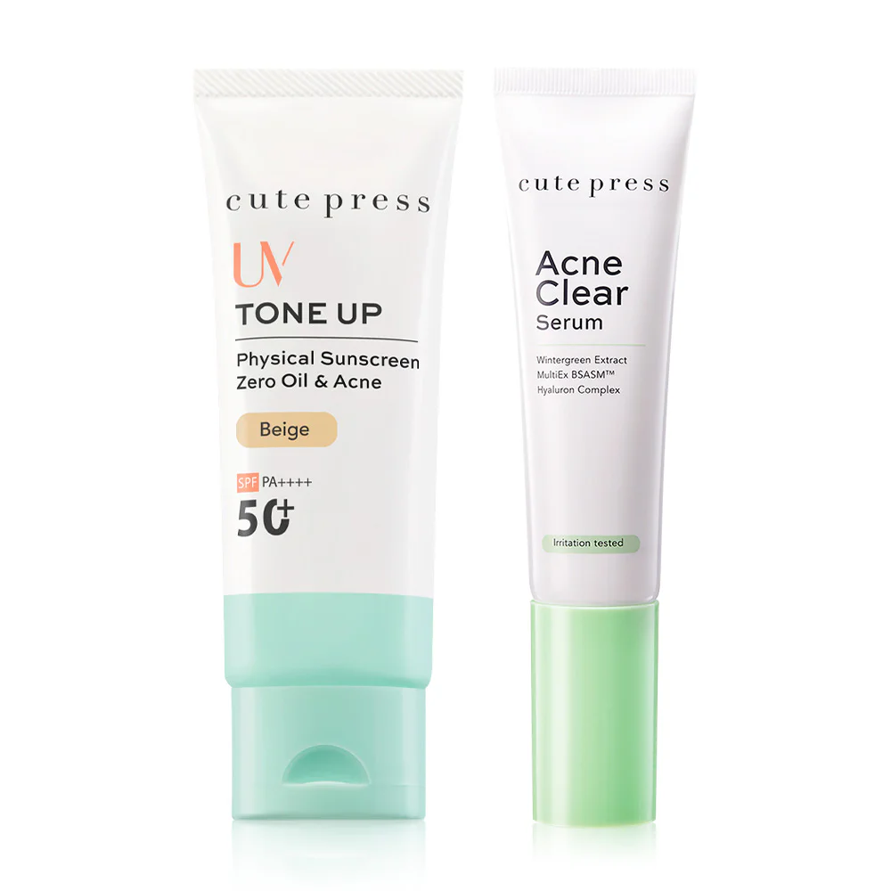 Cute Press Set 2 Item Acne Clear Serum 30ml + Tone Up Zero Oil & Acne Physical Sunscreen SPF50+ PA++++ 30ml