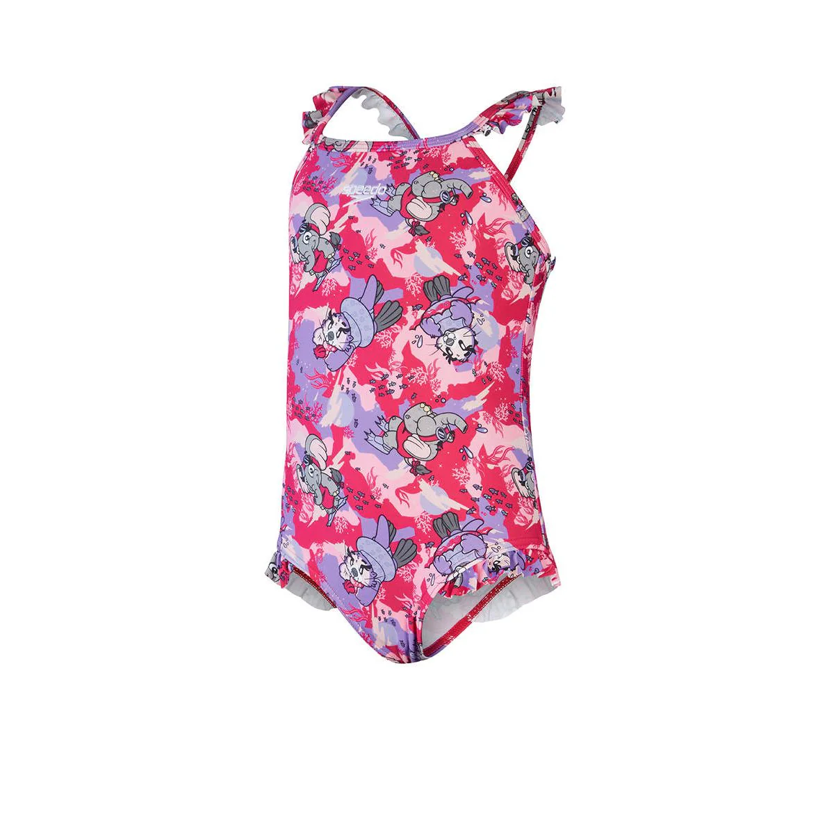 SPEEDO Learn To Swim Printed Frill Thinstrap Girls Swimsuit - Pink - 2 YEARS