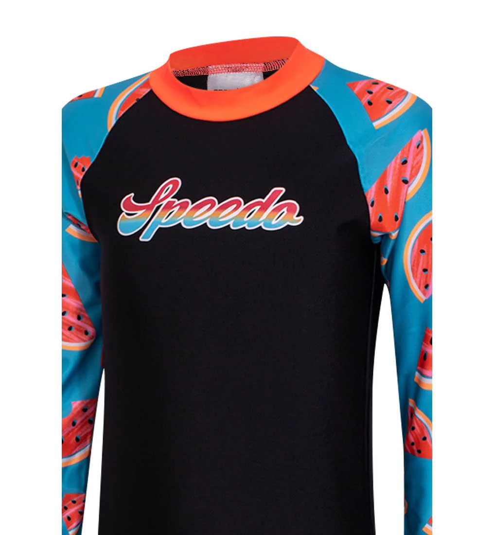 SPEEDO Print Long Sleeve Girls Rashguard - Black - 11-12 YEARS