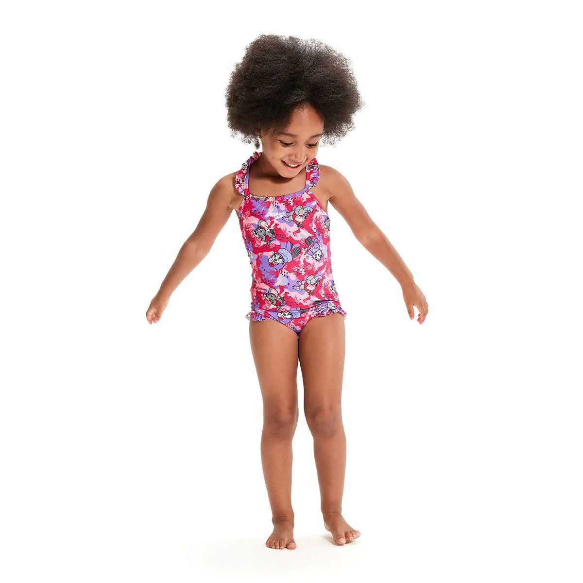 SPEEDO Learn To Swim Printed Frill Thinstrap Girls Swimsuit - Pink - 2 YEARS
