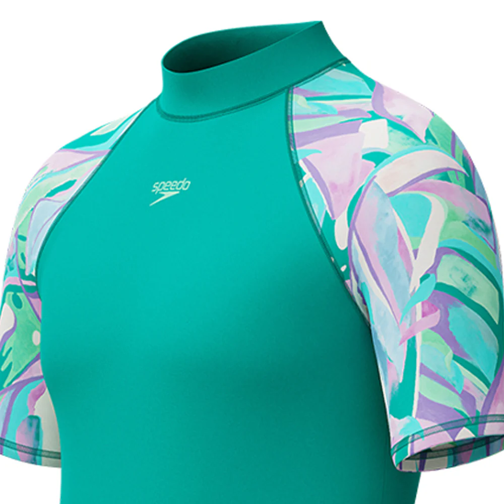 SPEEDO Printed Short Sleeve Girls Rashguard - Green - 11-12 YEARS