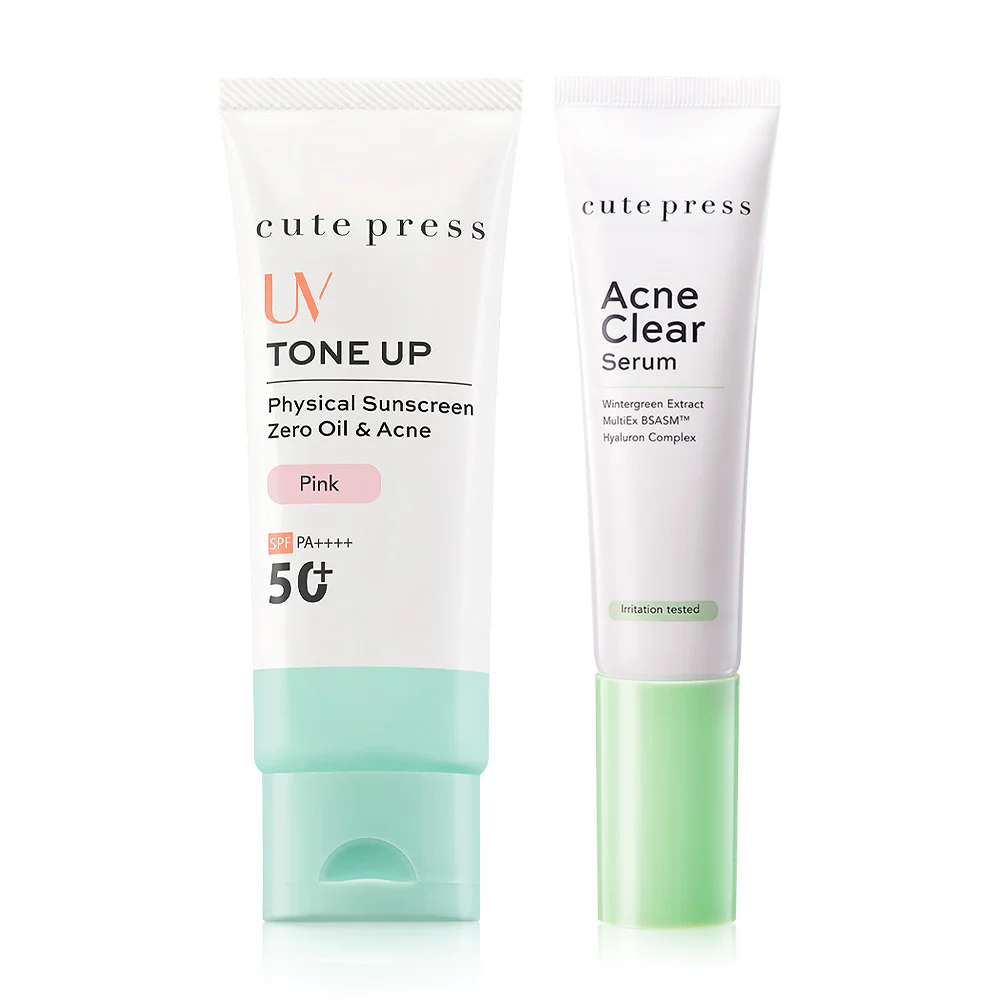 Cute Press Set 2 Item Acne Clear Serum 30ml + Tone Up Zero Oil & Acne Physical Sunscreen SPF50+ PA++++ 30ml