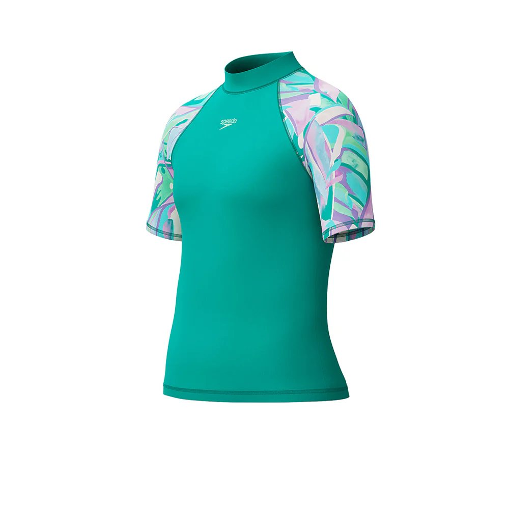 SPEEDO Printed Short Sleeve Girls Rashguard - Green - 11-12 YEARS
