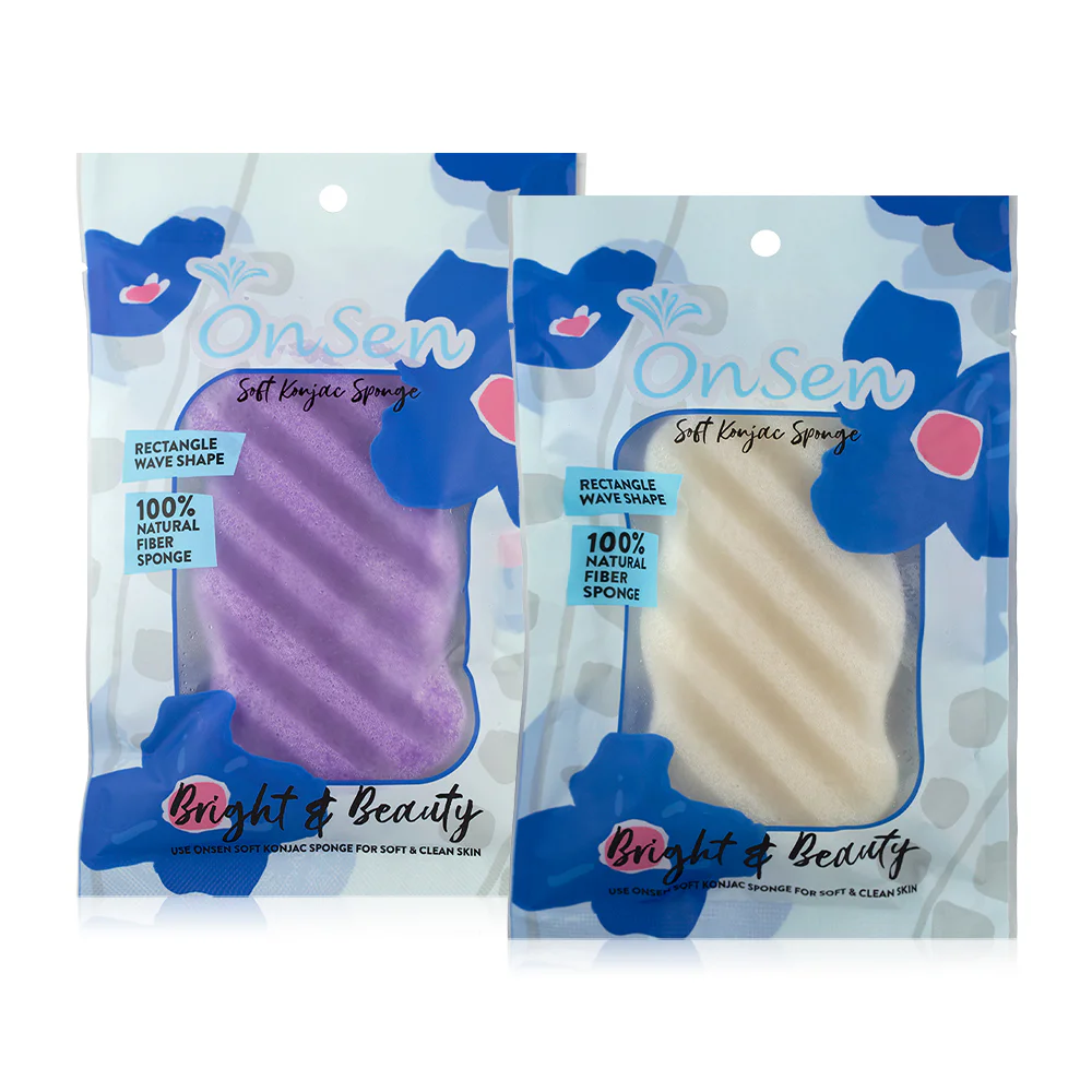 OnSen Set 2 Items Soft Konjac Sponge Rectangle Shape For Face & Body 65g [White + Purple]