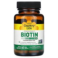 Country Life, Биотин, высокая эффективность, 10 мг, 60 веганских капсул
