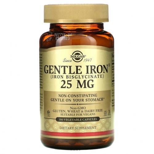 Solgar, Gentle Iron, 25 мг, 180 растительных капсул Solgar, Gentle Iron, 25 мг, 180 растительных капсул
