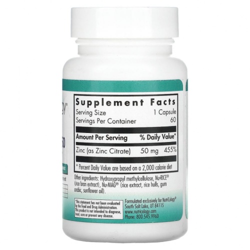 Nutricology, Цитрат цинка 50, 60 вегетарианских капсул фото 2
