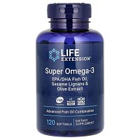 Life Extension, супер омега-3 из рыбьего жира с ЭПК и ДГК, с лигнанами кунжута и экстрактом оливы, 120 капсул