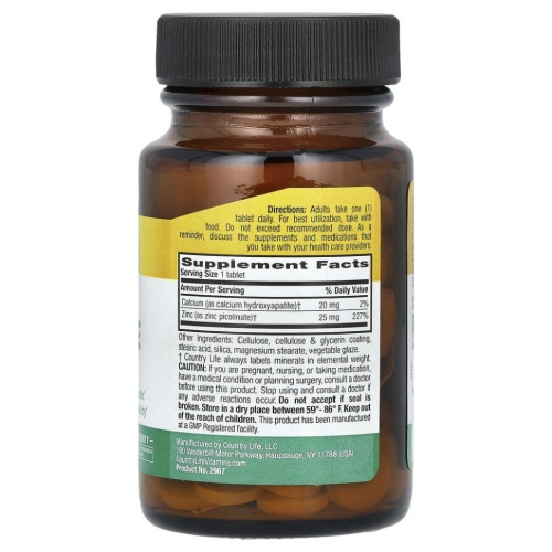 Country Life, пиколинат цинка, 25 мг, 100 таблеток фото 2