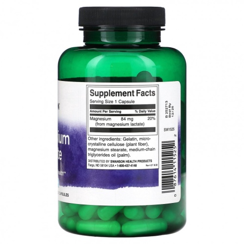 Swanson, Лактат магния, 84 мг, 120 капсул фото 2 Swanson, Лактат магния, 84 мг, 120 капсул фото 2