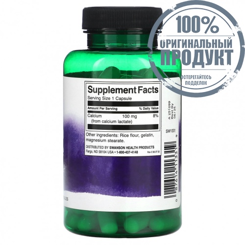 Swanson, Лактат кальция, 100 мг, 100 капсул фото 2