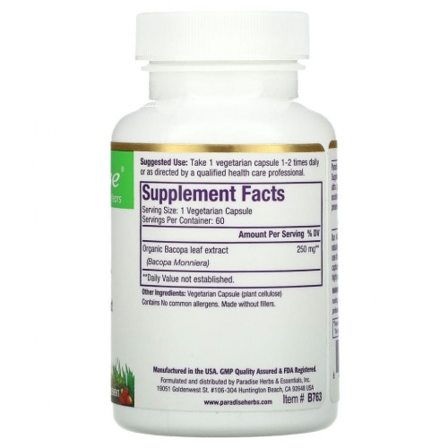 Paradise Herbs, Бакопа, 60 вегетарианских капсул фото 2