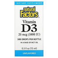 Natural Factors, Витамин D3 в каплях, без ароматизаторов, 25 мкг (1000 МЕ), 15 мл (0,5 жидкой унции)