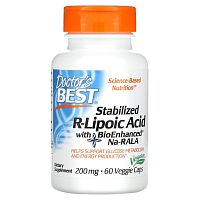 Doctor's Best, стабилизированная R-липоевая кислота с BioEnhanced Na-RALA, 200 мг, 60 вегетарианских капсул