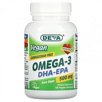 Deva, Веганские омега-3 DHA-EPA, 500 мг, 60 веганских мягких таблеток