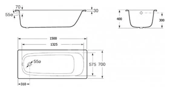 Габаритная схема Стальная ванна Roca Contesa 150x70