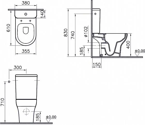 Габаритная схема Унитаз-компакт Vitra Zentrum 9824B003-7207 безободковый