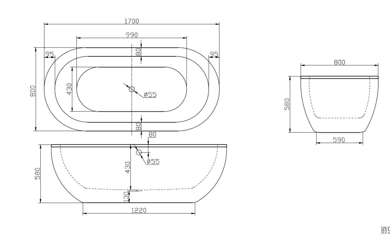 Габаритная схема Акриловая ванна BelBagno BB13-1700 170х80