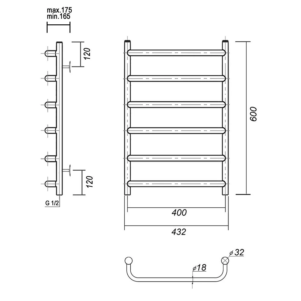 Габаритная схема Полотенцесушитель водяной Domoterm Стефано П6 40x60 хром