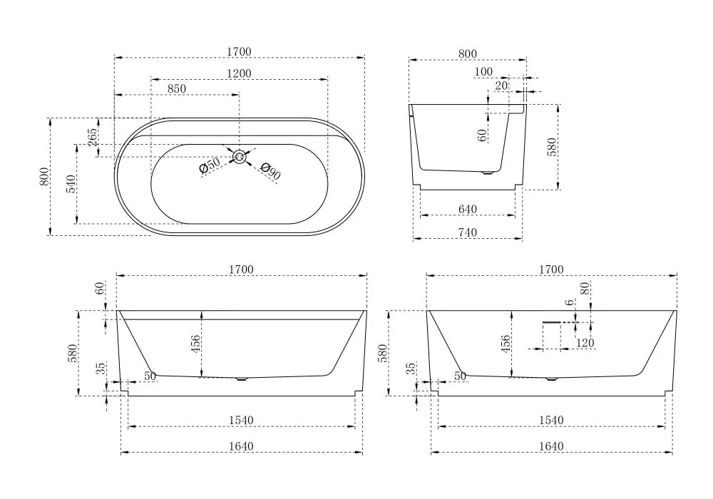 Габаритная схема Акриловая ванна Abber AB9444MW 170x80