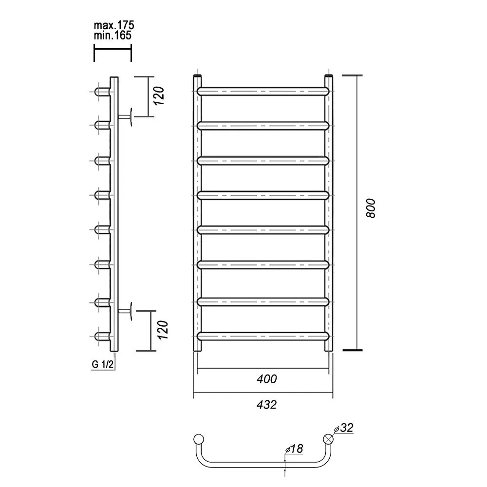 Габаритная схема Полотенцесушитель водяной Domoterm Стефано П8 40x80 хром