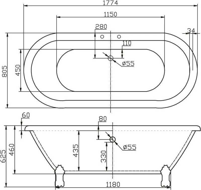 Габаритная схема Акриловая ванна BelBagno BB21 180х80