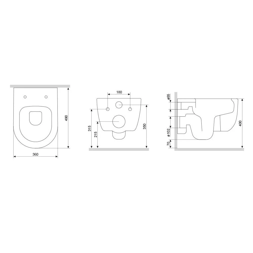 Габаритная схема Унитаз подвесной Damixa Sirius DX86C1700SC с микролифтом