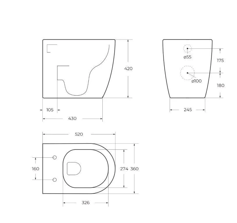 Габаритная схема Унитаз приставной BelBagno Marino BB105CBR/BB3105SC
