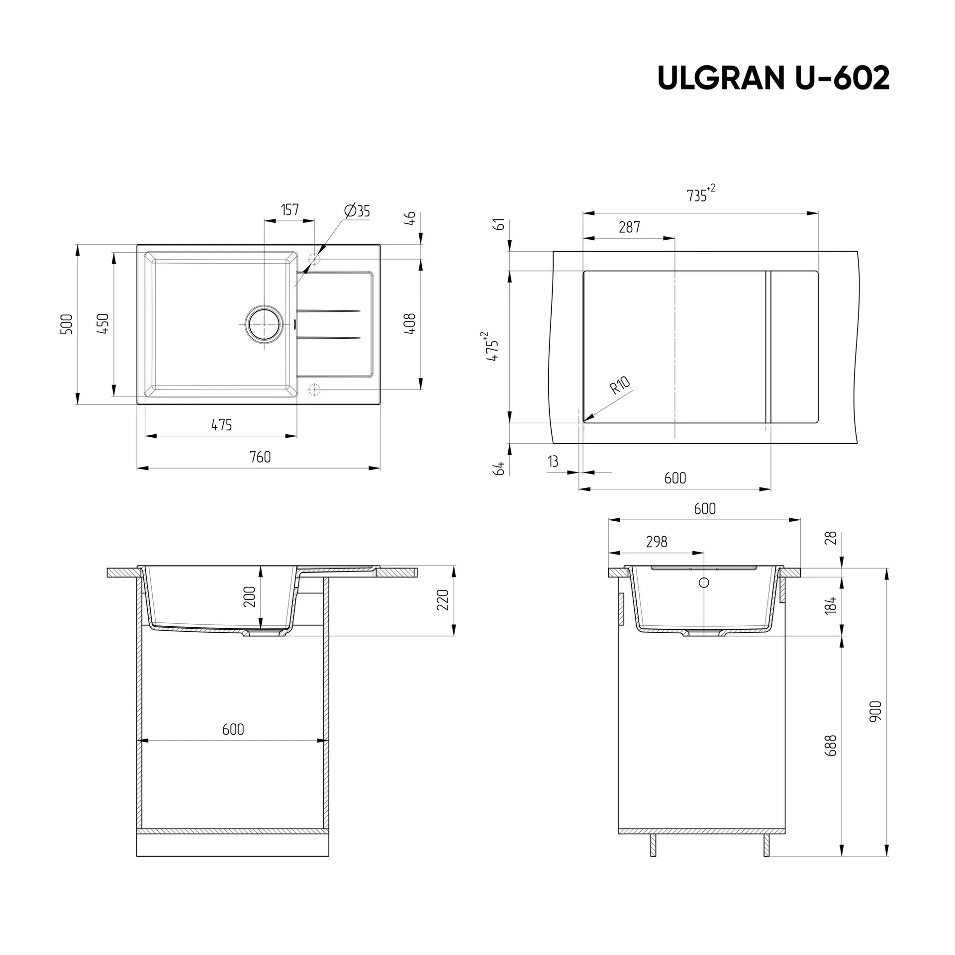Габаритная схема Мойка кухонная Ulgran U-602-343 антрацит