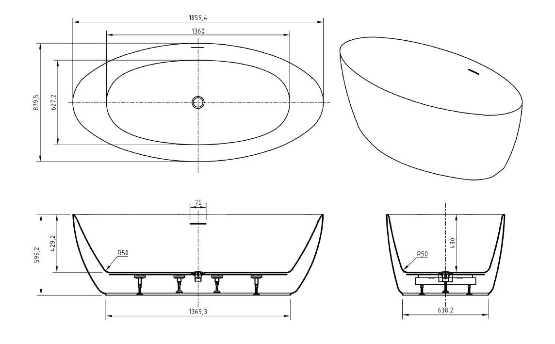 Габаритная схема Акриловая ванна BelBagno BB707-1860-880 185x90