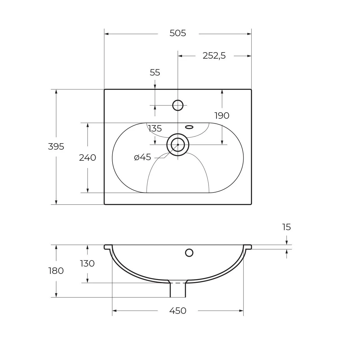 Габаритная схема Мебельная раковина BelBagno BB1923-500 50 см