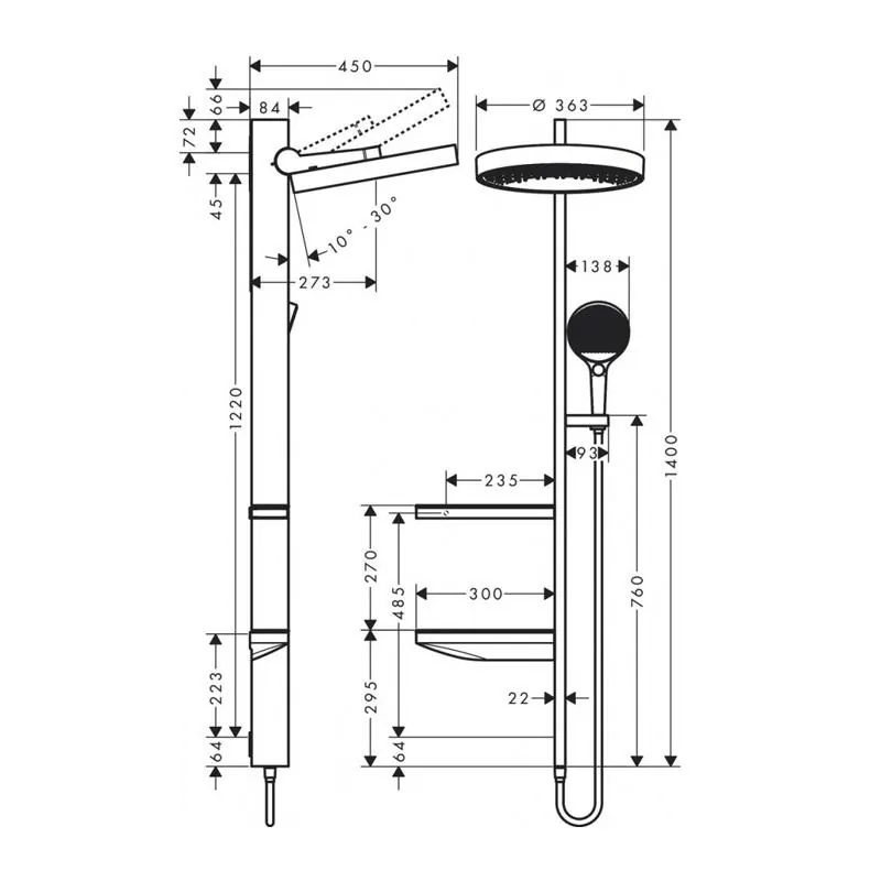 Габаритная схема Душевая стойка Hansgrohe Rainfinity 26842700