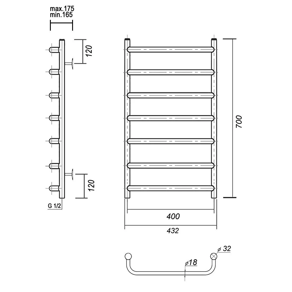Габаритная схема Полотенцесушитель водяной Domoterm Стефано П7 40x70 хром