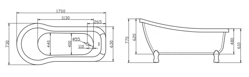 Габаритная схема Акриловая ванна BelBagno BB20-1700 170х73