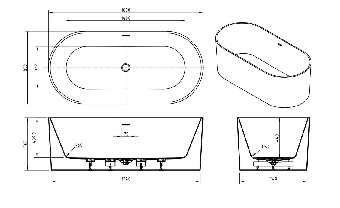 Габаритная схема Акриловая ванна BelBagno BB705-1800-800 180x80