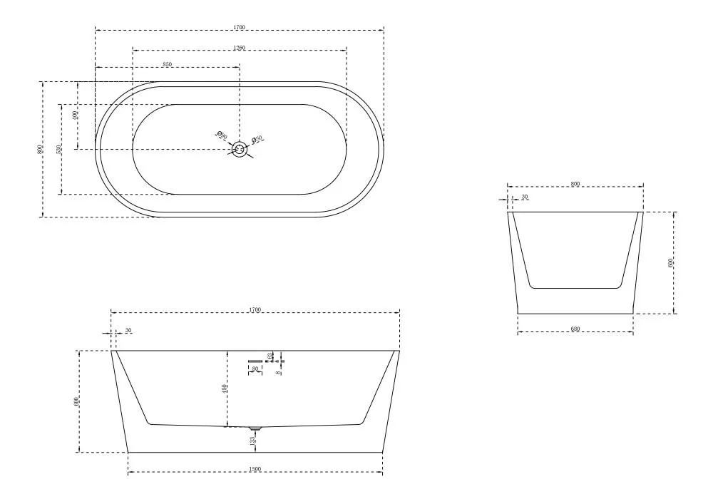 Габаритная схема Акриловая ванна Abber AB9209MW 170x80