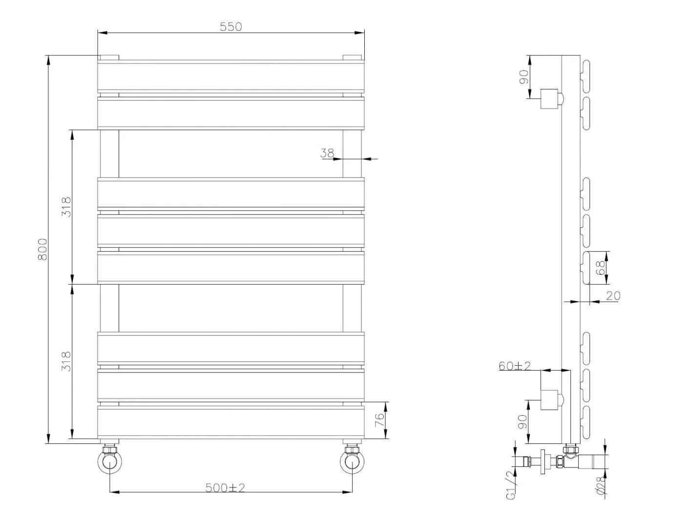 Габаритная схема Полотенцесушитель водяной Boheme Venturo 50x80 хром