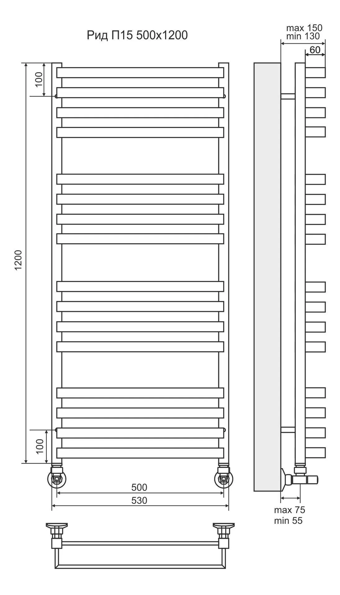 Габаритная схема Полотенцесушитель водяной Terminus Рид П16 50x120