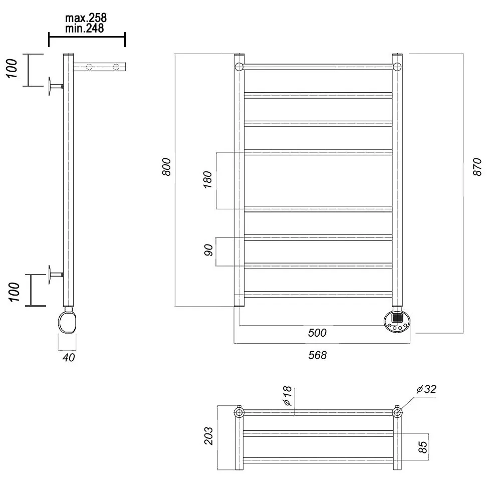 Габаритная схема Полотенцесушитель электрический Domoterm Медея 50x80 R с полкой