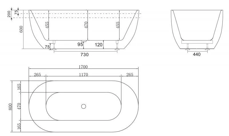 Габаритная схема Акриловая ванна BelBagno BB70-1700-800 170х80