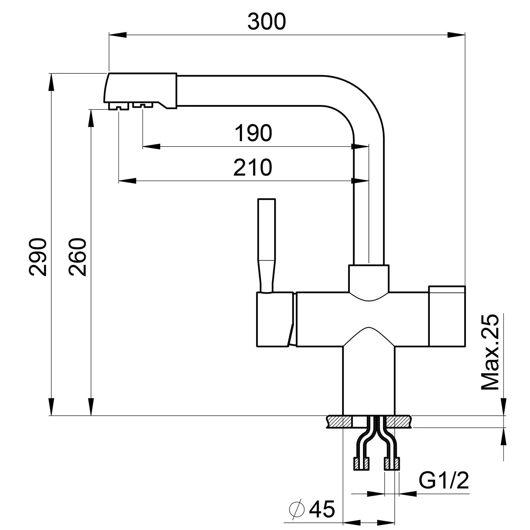 Габаритная схема Смеситель Point PN3104BG для кухонной мойки