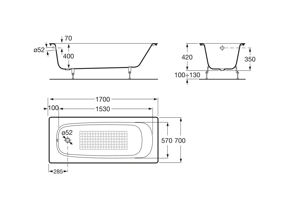 Габаритная схема Чугунная ванна Roca Continental 170x70