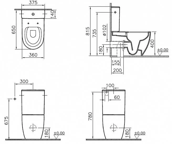 Габаритная схема Унитаз-компакт Vitra Sento 9830B003-7204 безободковый