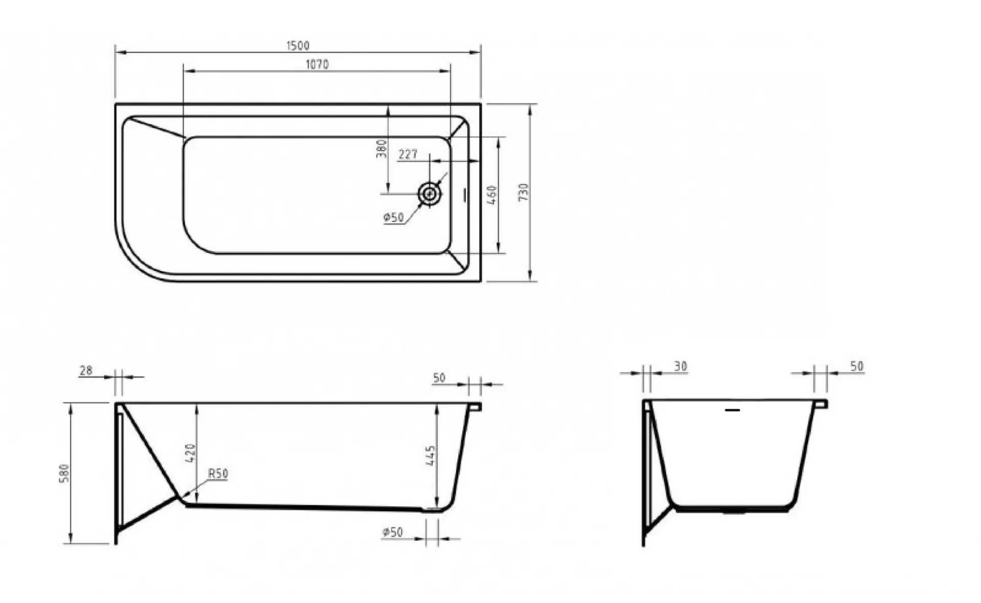Габаритная схема Акриловая ванна BelBagno BB712-1500-730-R 150x75