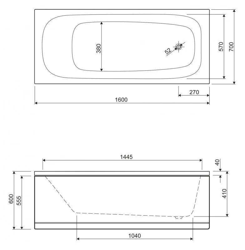 Габаритная схема Акриловая ванна Cezares Eco 160-70-41 160х70